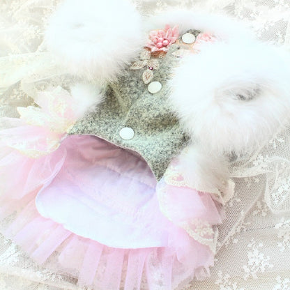 Elegant Floral Wool Dog Coat Dress with Faux Fur and Lace Tulle Skirt Pet Clothes