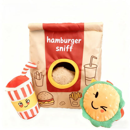 Fast food plush dog toy set with storage bag soda cup and hamburger
