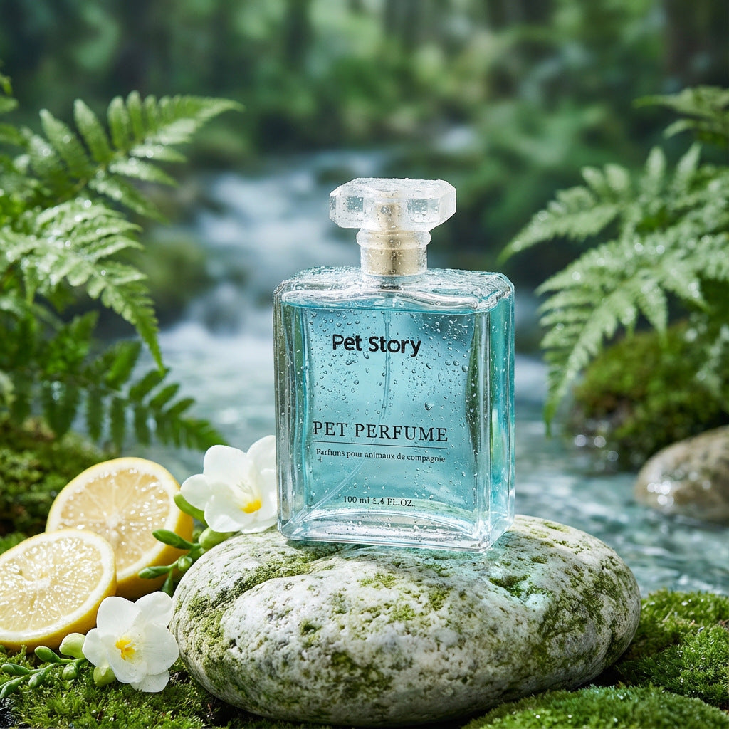 Blue Breeze 100 ml pet perfume glass bottle on mossy stone with lemon slices and white flowers