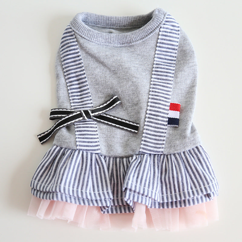 Gray striped suspender pet dress with bow ruffles and pink tulle layer