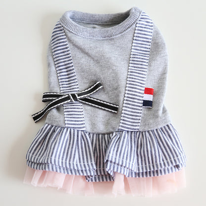 Gray striped suspender pet dress with bow ruffles and pink tulle layer