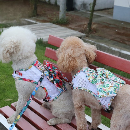 Floral Bow Mesh Dog Harness Dress with Leash