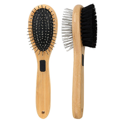 Bamboo handle double-sided pet brush shown from front and side