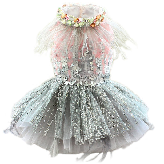 Handmade Glamorous Sequin Feather Pet Clothing Elegant Sparkling Dog Princess Dress