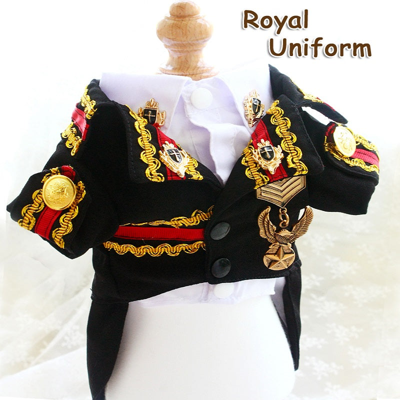 Handcrafted Royal Military Pet Suit Gold Trimmed Dog Outfit Jacket Suit Shirt Two-Piece Prince Uniform Badge