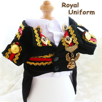 Handcrafted Royal Military Pet Suit Gold Trimmed Dog Outfit Jacket Suit Shirt Two-Piece Prince Uniform Badge