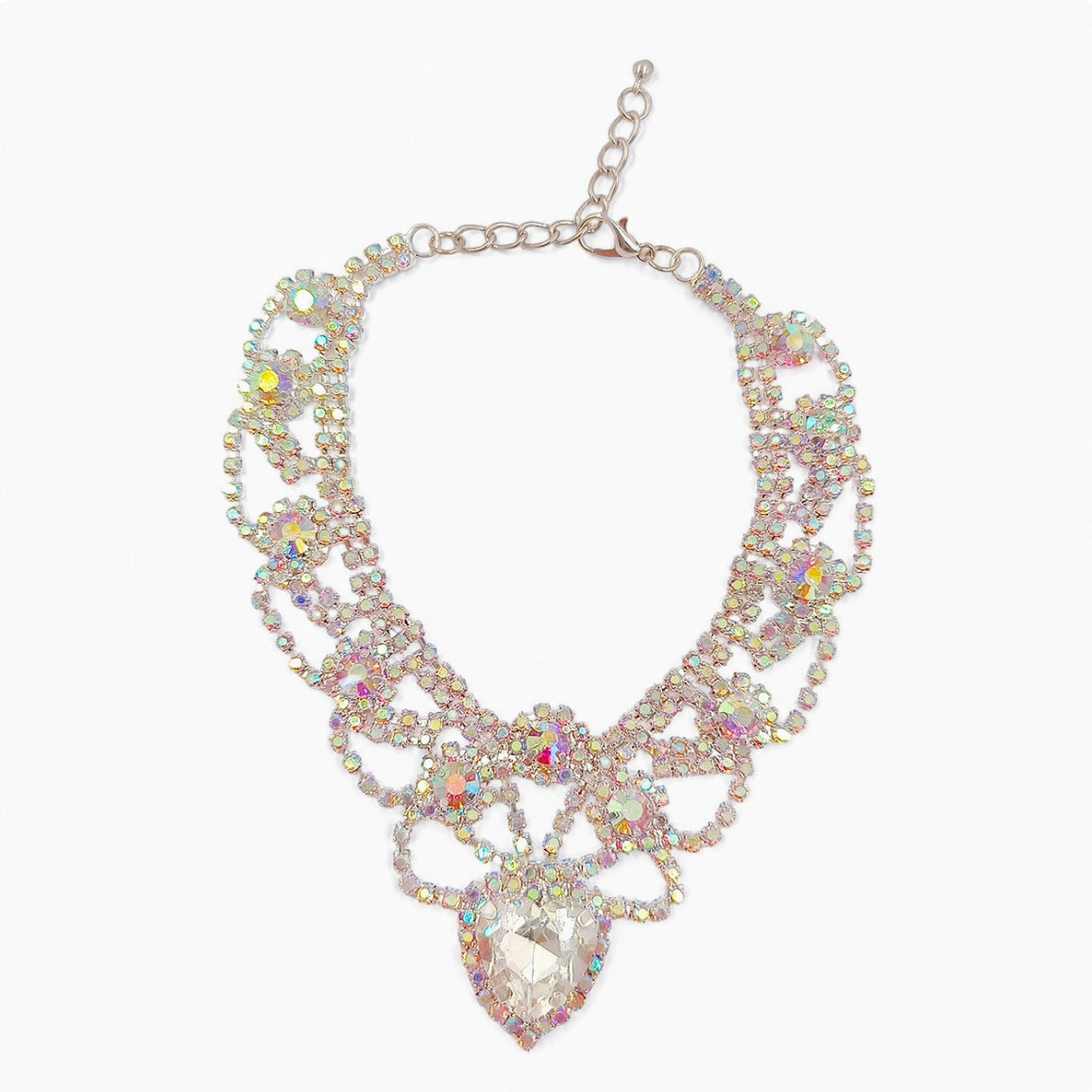 Iridescent heart pet necklace front view with silver color chain, clasp, layered loops, and large heart pendant