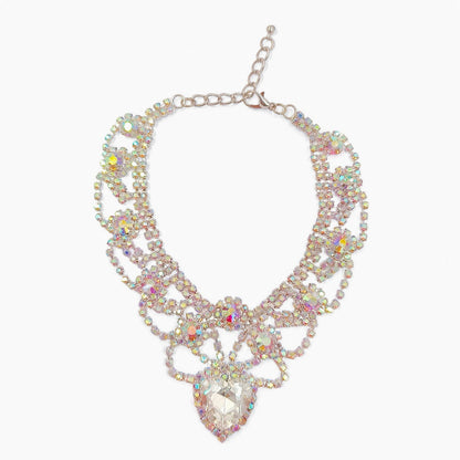 Iridescent heart pet necklace front view with silver color chain, clasp, layered loops, and large heart pendant