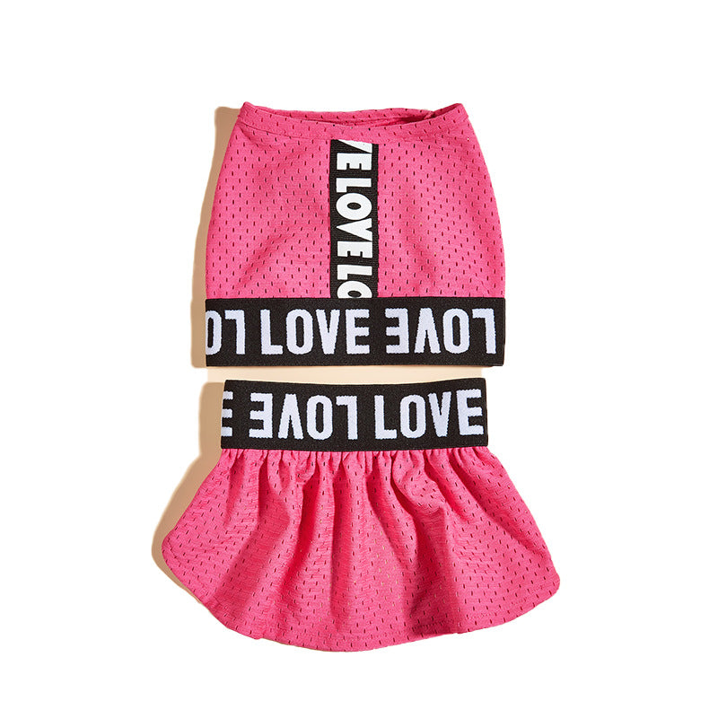 Flat lay of a rose pink LOVE 2-piece dog dress set with black letter bands