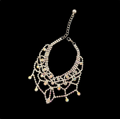 Silver sparkle pet necklace full view on black background with adjustable chain, clasp, and layered dangling front