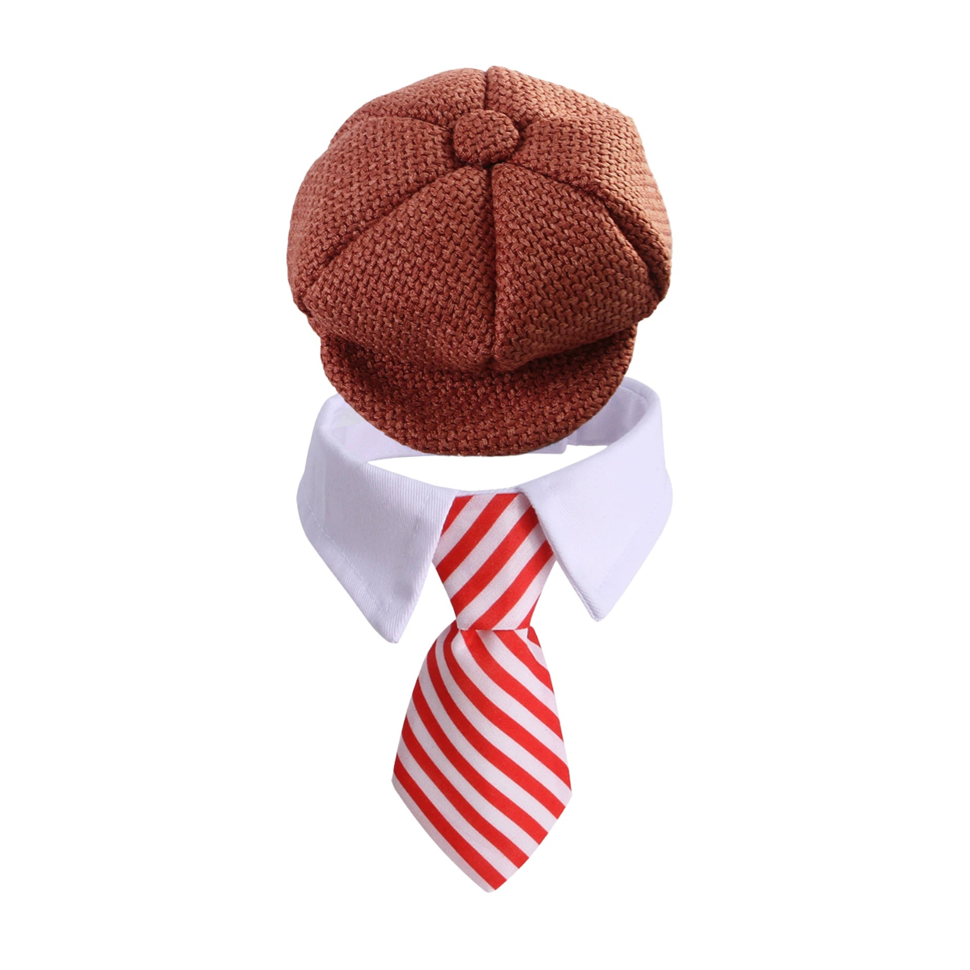 golden retriever wearing gentleman flat cap and striped tie accessory