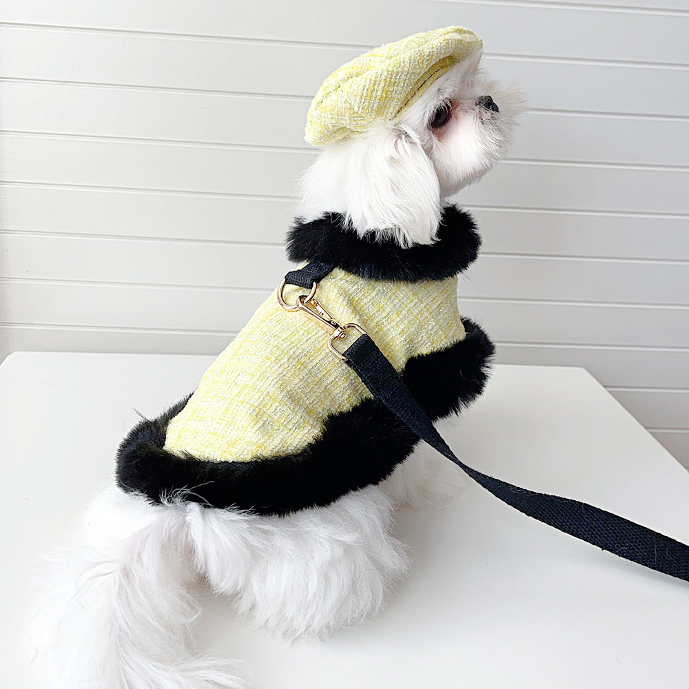 Dog cape+leash sets yellow tweed (no hat)