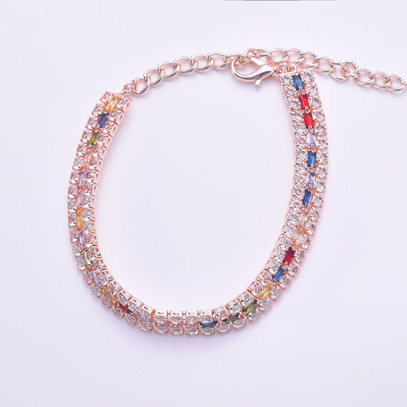 Rose-gold-tone multicolor rhinestone pet necklace with double rows and extension chain