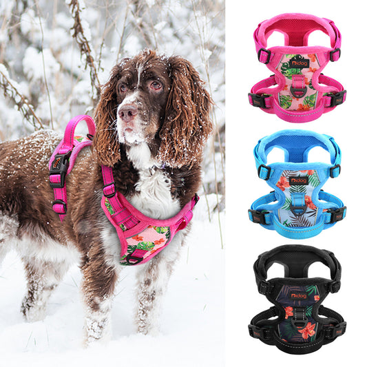 Reflective Padded Dog Harness+Leash Set with Floral Print