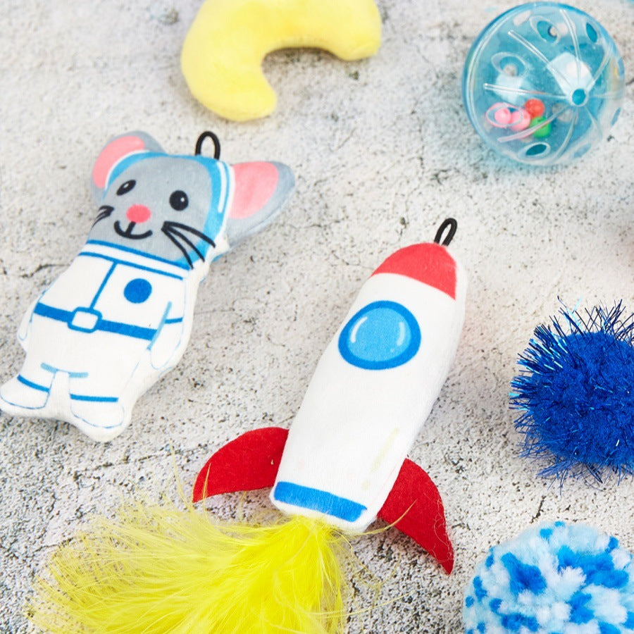 Space themed cat toys with astronaut mouse rocket feather and assorted balls