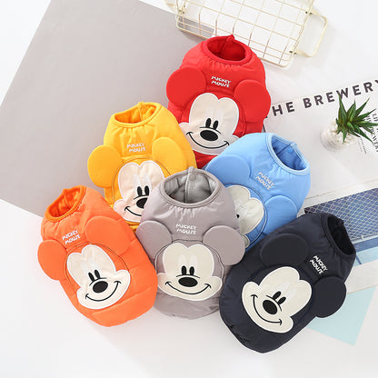 Cartoon padded dog vests displayed in multiple colors