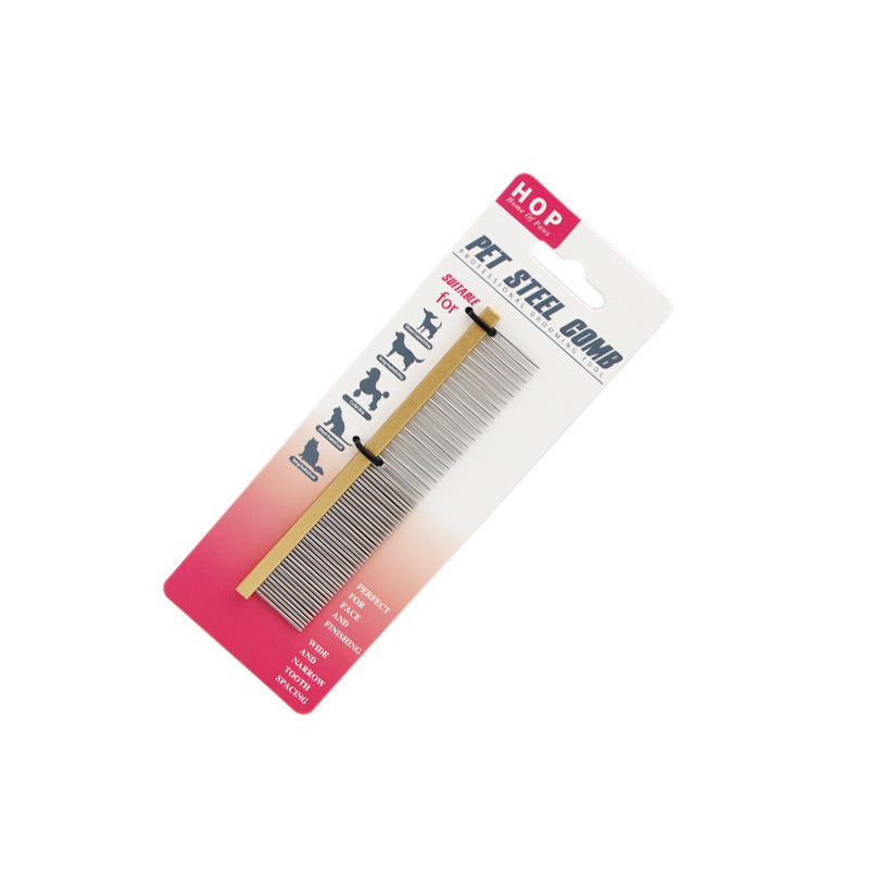 Small Gold straight metal pet grooming comb in package