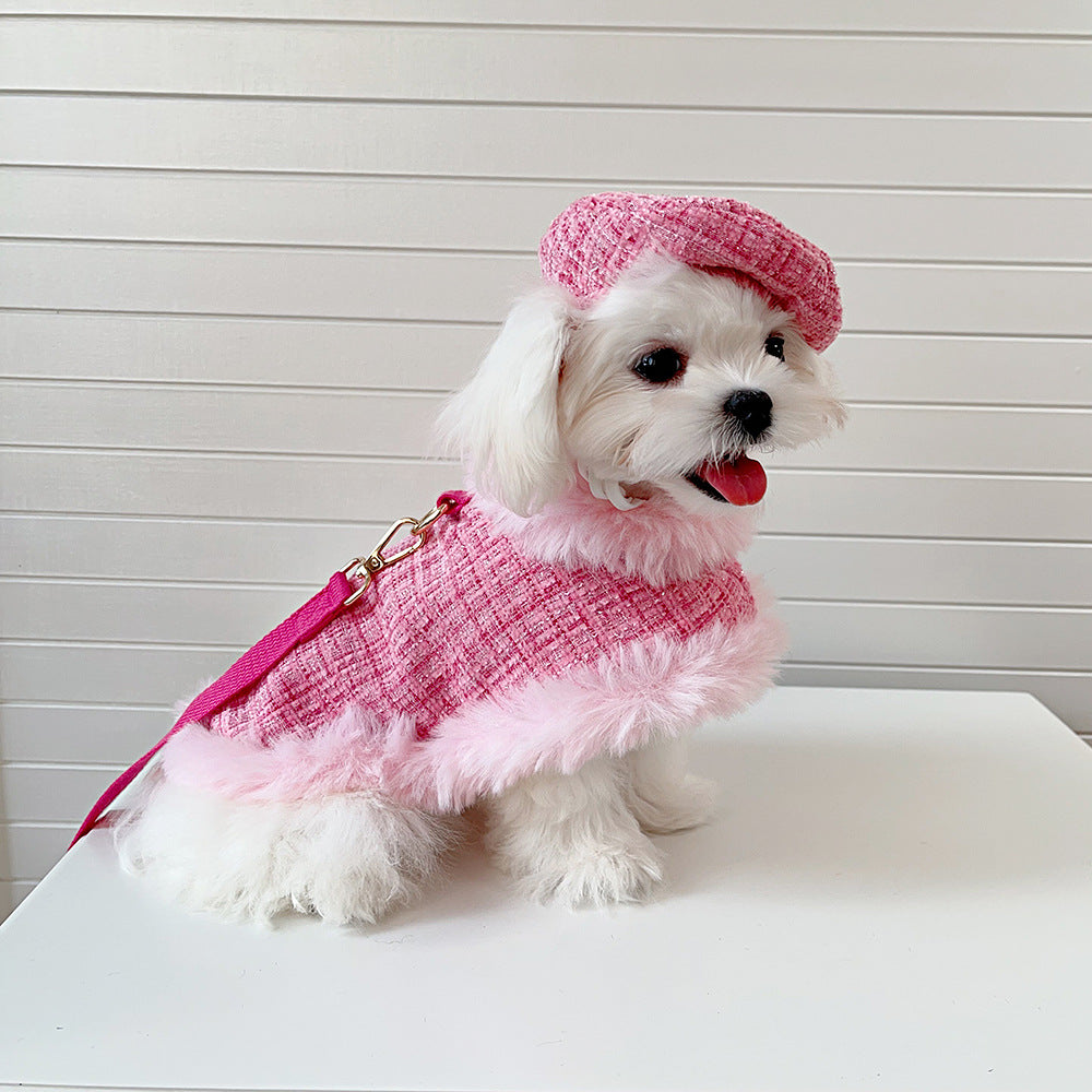 Dog cape+hat+leash sets pink tweed