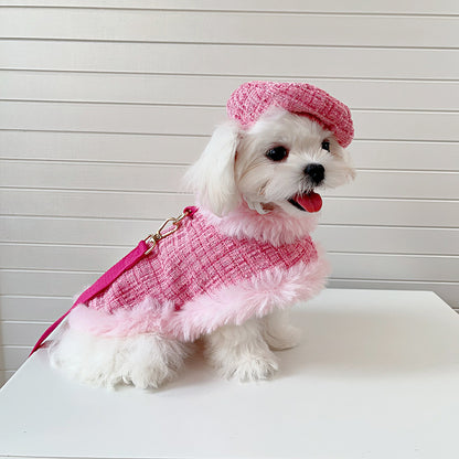 Dog cape+hat+leash sets pink tweed