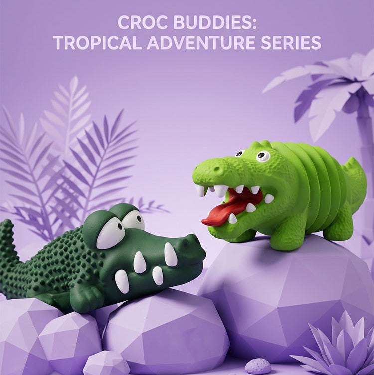 Two green Nunbell crocodile squeaky pet toy styles on display