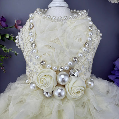 Handmade Luxury Pearl & Rose Lace Pet Dress