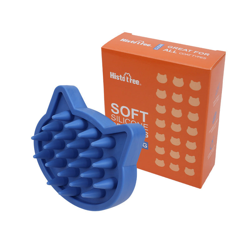 Blue cat shape silicone pet bath brush with soft bristles and orange box