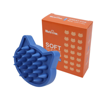 Blue cat shape silicone pet bath brush with soft bristles and orange box