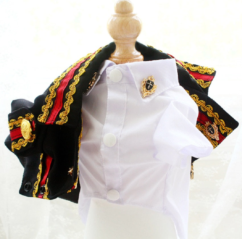 Handcrafted Royal Military Pet Suit Gold Trimmed Dog Outfit Jacket Suit Shirt Two-Piece Prince Uniform Badge