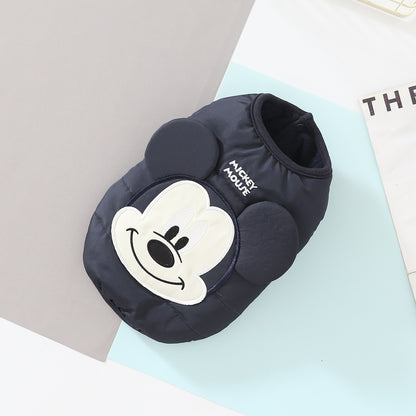Navy blue cartoon padded dog vest with raised face and ears