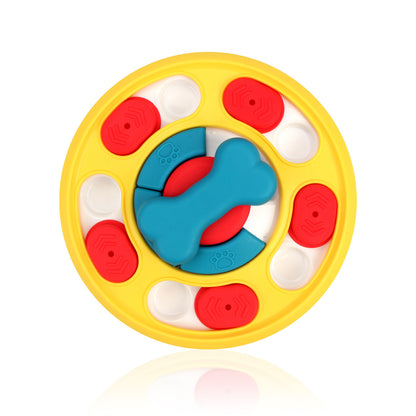 Yellow bone dog puzzle feeder toy with red sliders and blue center bone