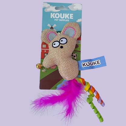 KOUKE woven mouse catnip cat toy with bell, pink feathers, and ribbons