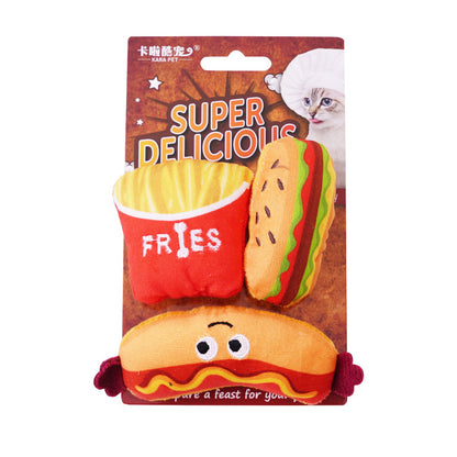 Burger Trio cat toy set with fries burger and hot dog plush pieces