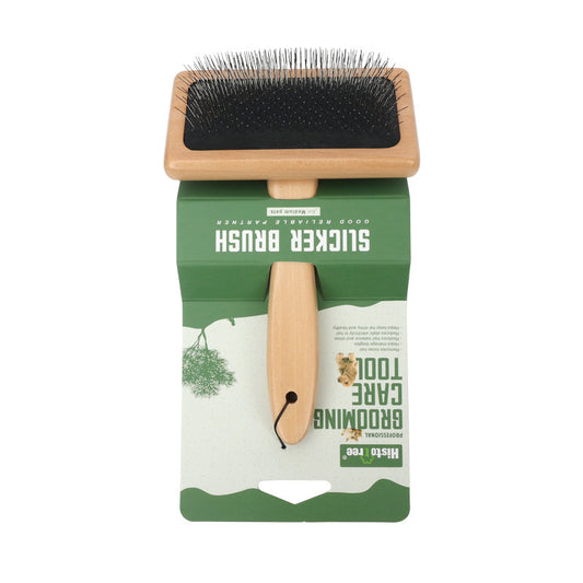 Wood handle slicker brush for dogs and cats on green grooming package
