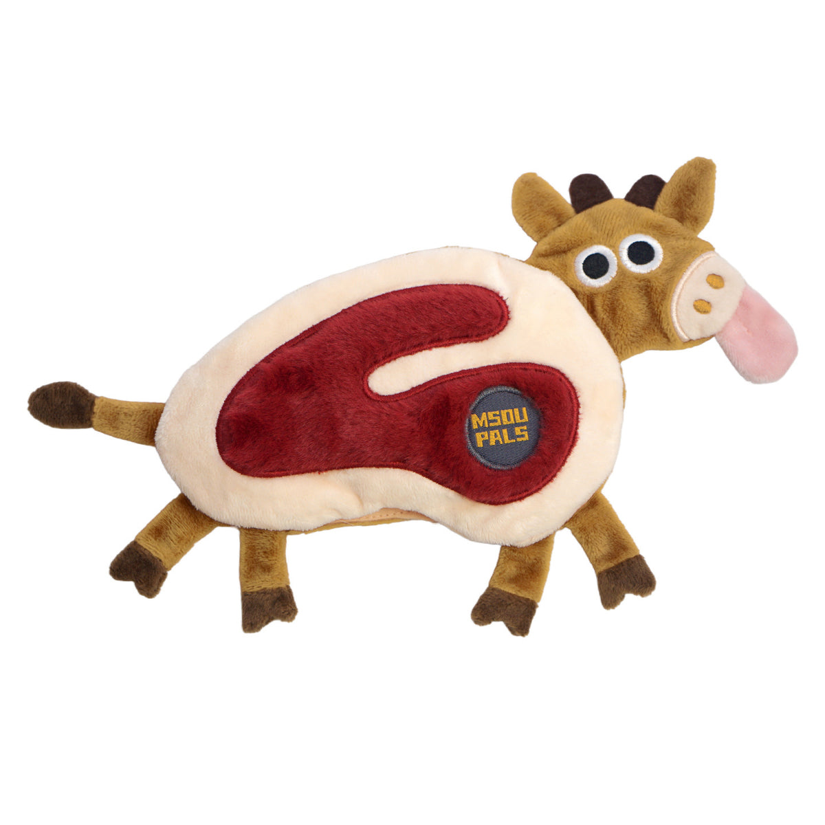 Brown beef steak animal snuffle plush pet toy on white background