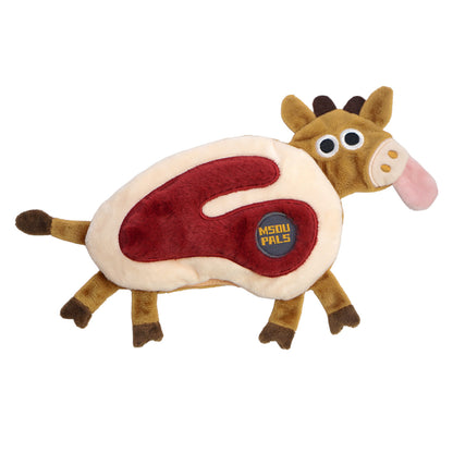 Brown beef steak animal snuffle plush pet toy on white background
