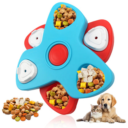 Blue red and white spinner pet puzzle feeder with dry food compartments