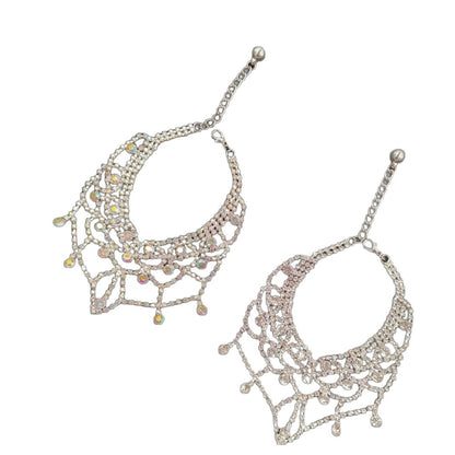 Two silver sparkle pet necklace views showing adjustable chains, scalloped design, and dangling accents