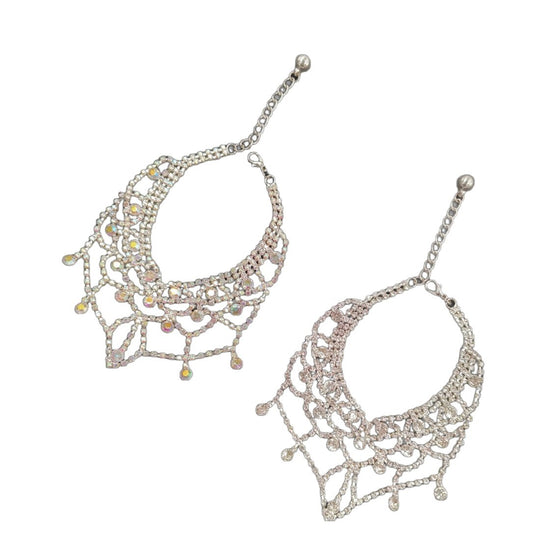 Two silver sparkle pet necklace views showing adjustable chains, scalloped design, and dangling accents