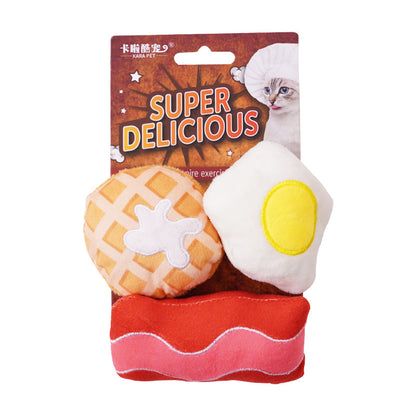 Breakfast Trio cat toy set with pie fried egg and bacon plush pieces