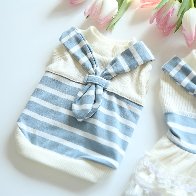 Blue and white striped cotton sailor pet shirt shown from the back