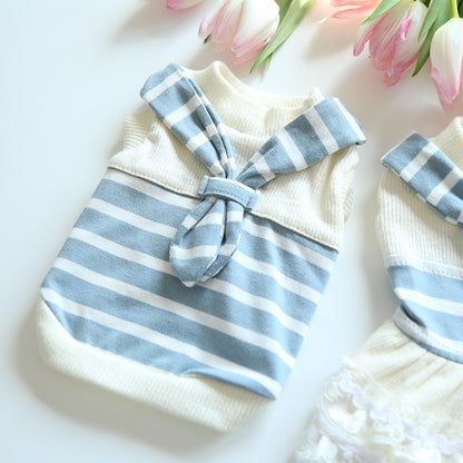 Blue and white striped cotton sailor pet shirt shown from the back