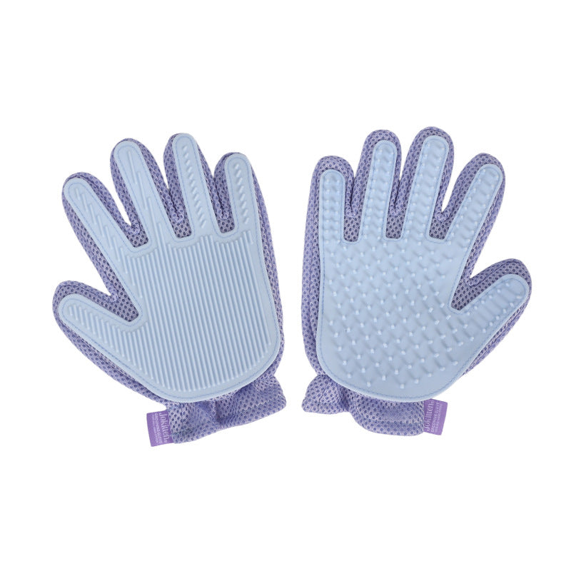 Blue dual-sided pet grooming glove showing ribbed side and nubbed silicone side