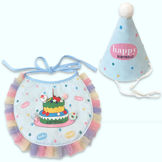 Pet birthday party kit cone hat + bib (cake/blue) Large