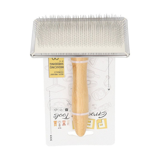 Wide rectangular wood handle pet slicker brush displayed on packaging