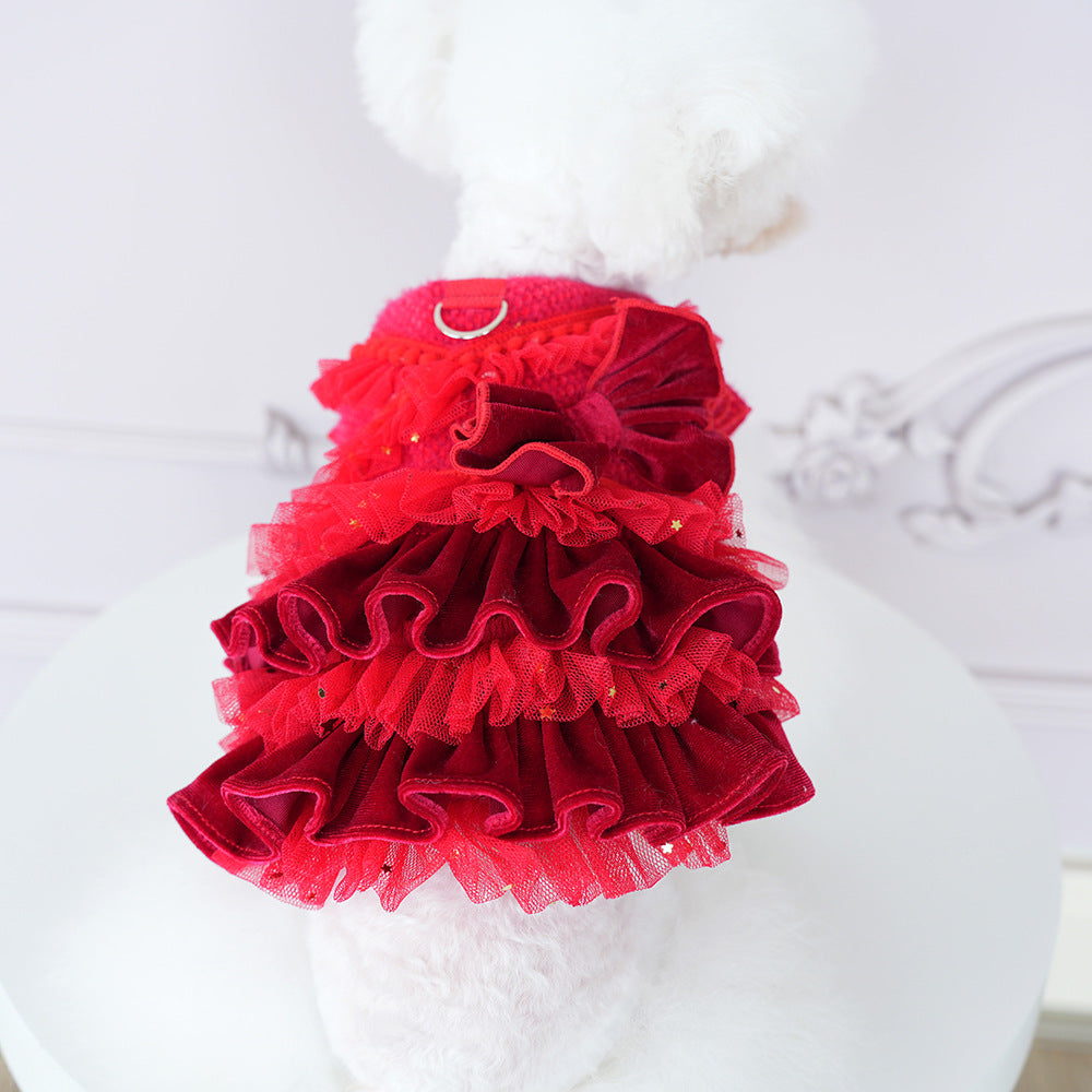 Pet Velvet Layered Tulle Dress with Bow