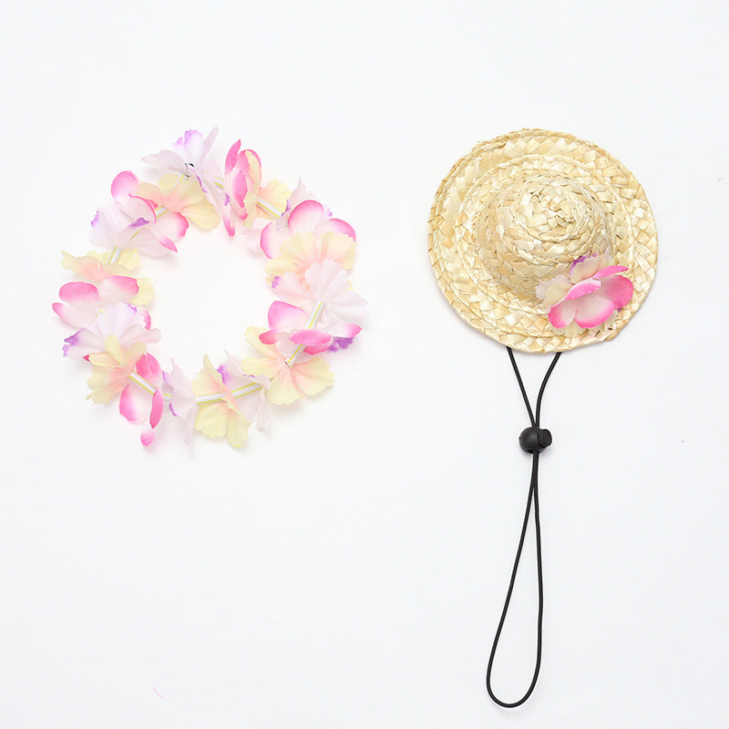 Pink pastel flower lei and straw pet hat set