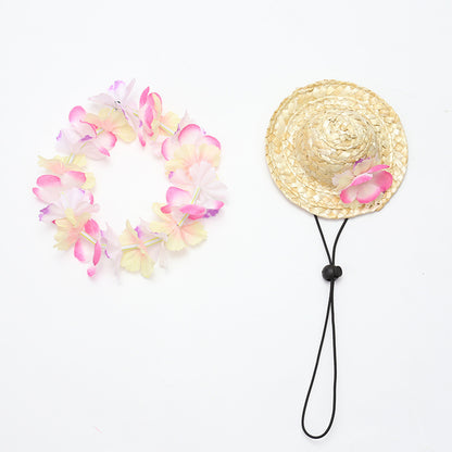 Pink pastel flower lei and straw pet hat set