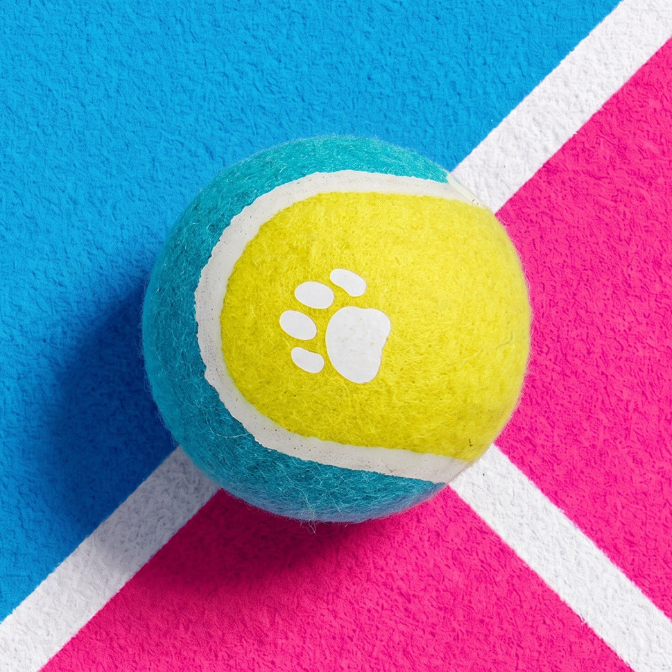 Yellow and teal paw print tennis ball from Nunbell three-pack