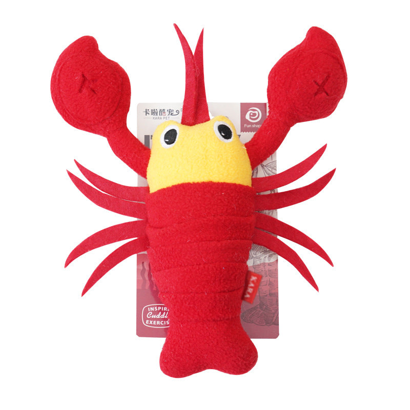Red lobster squeaky plush dog toy with yellow face and large claws