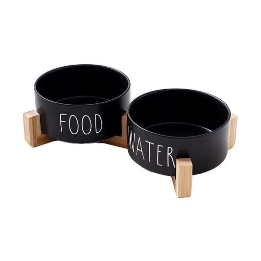 Ceramic Double Pet Bowl with Stand (Black)